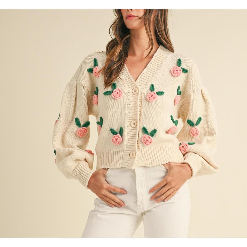 NEW MABLE rose applique cardigan in multi - Picture 3 of 4
